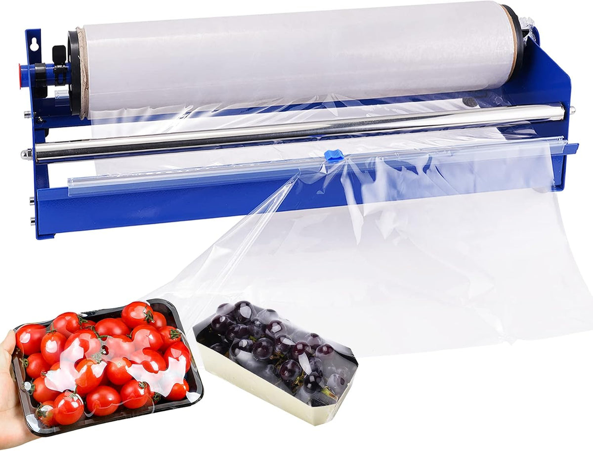 Hand Film Wrapping Machine 19.5" Manual Stretch Film Wrapper Cling Film Dispenser Tool for Food Tray packaging (Blue)