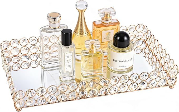 Feyarl Crystal Perfume Fragrance Tray Cosmetic Makeup Vanity Tray Jewelry Trinket Ring Earring Display Organizer Decorative Skin Care Storage for Home Dresser Countertop(13.7 x 7.87 inch)