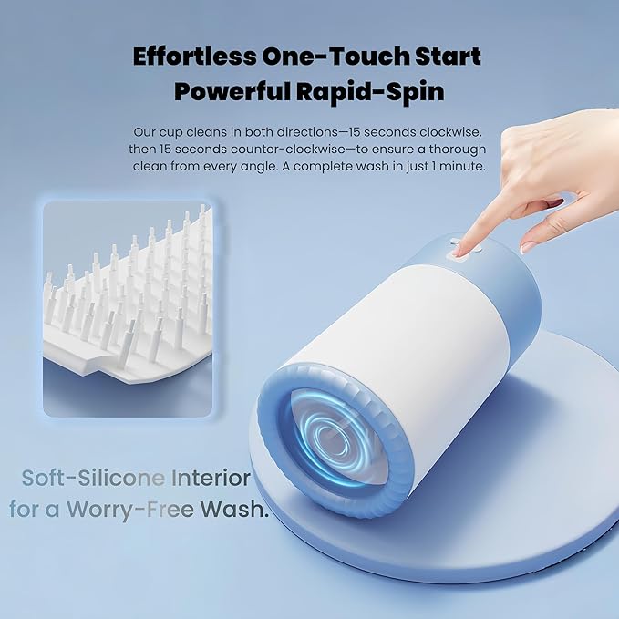 Lervynxi-Dog Paw Cleaner, Portable Automatic Pet Paw Washer - One Touch Start, ABS Body, Detachable Silicone Brush, USB Rechargeable, for Small & Medium Dogs, Clean Paws, White Glacier Blue