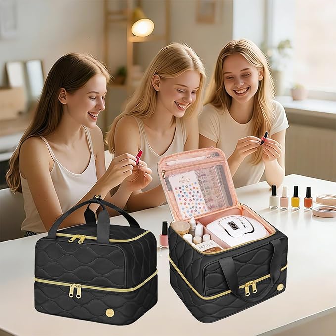 YOREPEK Nail Polish Organizer Holds 42+ Bottles (15ml/0.5 fl.oz), 2-Layer Nail Travel Case with Compartments for Nail Stuff, Nail Tech Organizers and Storage for Supplies, Gift for Manicurist, Black