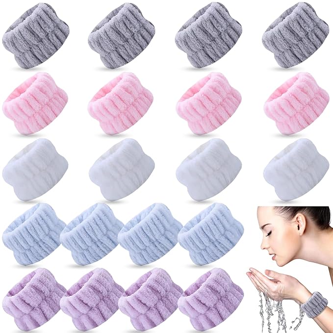 20 Pcs Wrist Bands for Washing Face, Absorbent Face Washing Wristbands, Spa Wrist Towels Beauty Towel Bands Arm Bands for Washing Face for Stop Water Running Down Arms