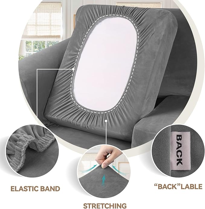 WEERRW 4 Pieces Velvet High Stretch Couch Covers for 3 Cushion Couch Sofa Slipcovers, Washable Furniture Protector with Non Slip Elastic Bottom, Feature Soft and Thick Plush Fabric, Light Grey, Large