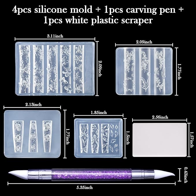 Laza 4pcs Silicone Nail Art Molds, Acrylic 3D Spring Summer Flower Nail Charms Molds Clear Modeling Templates Silicone Flowers Pattern Nail Tools with Sculpture Pen for Salon Nail Design