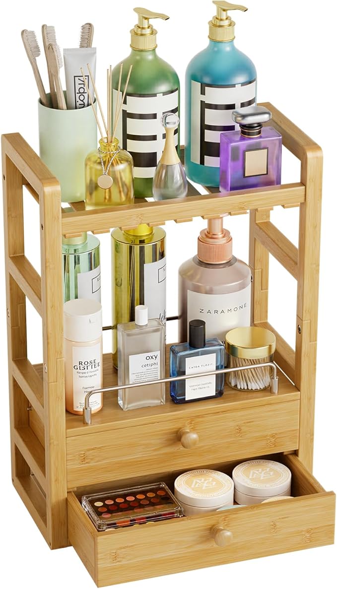 AmazerBath Bamboo Bathroom Countertop Organizer, 2-Tier Makeup Organizer with 2 Drawers, Vanity Organizer Storage Coffee Matcha Station, Compact Shelf for Bathroom Kitchen Office
