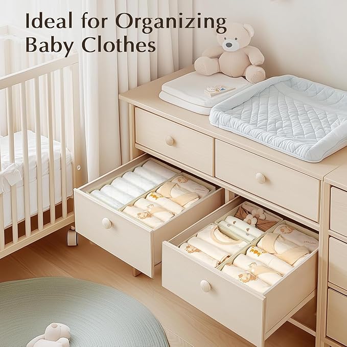 DIMJ Drawer Organizers Clothes, Set of 6 Dresser Organizer Bins, Fabric Closet Organizers and Storage, Shallow Drawer Dividers for Nursery, Clothing, Baby Clothes, Socks, Underwears, Tie (Beige)