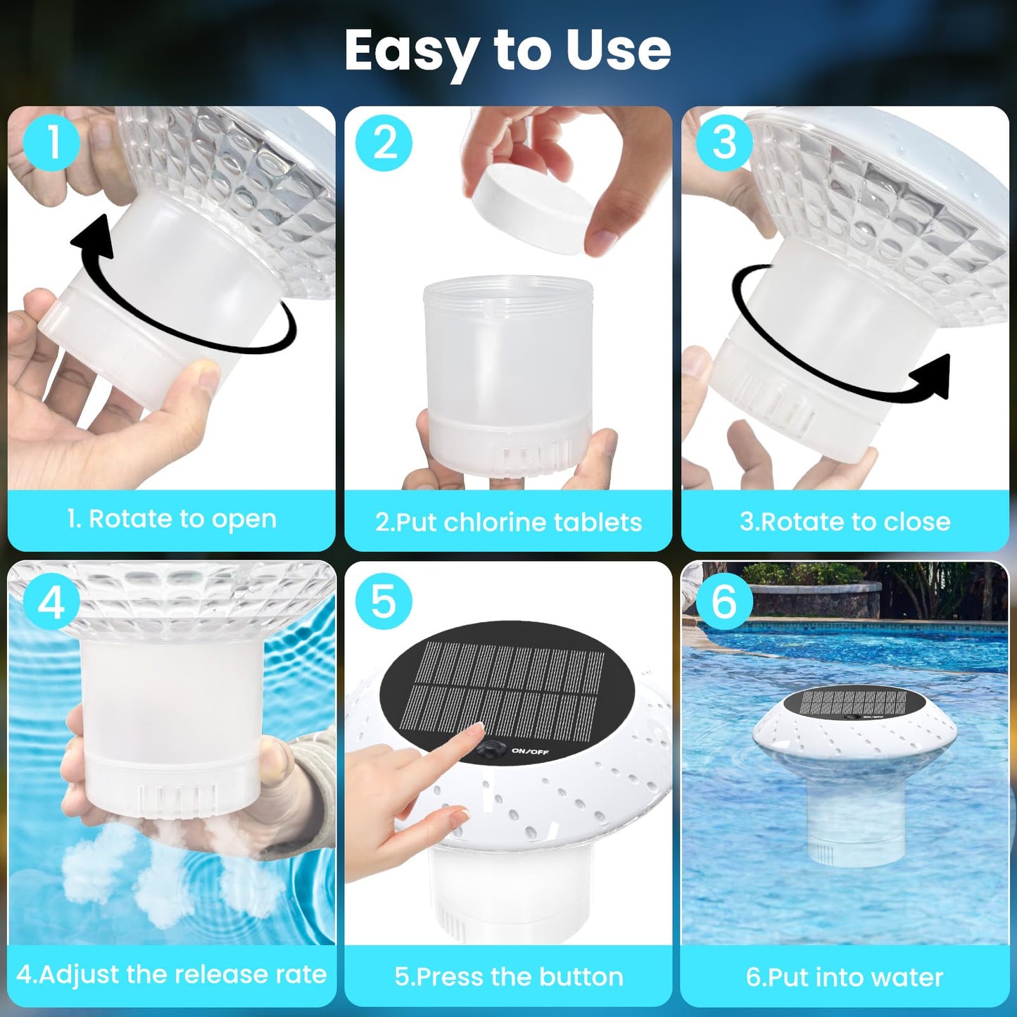 2026 Upgrade Solar Pool Chlorine Floater 3 Inch Tablets(2 Pack), 1800mAh Floating Pool Lights with Remote, 42 Lighting, Timer Function, IP68 Waterproof for Inground/Above Ground Pool, Pool Party, SPA