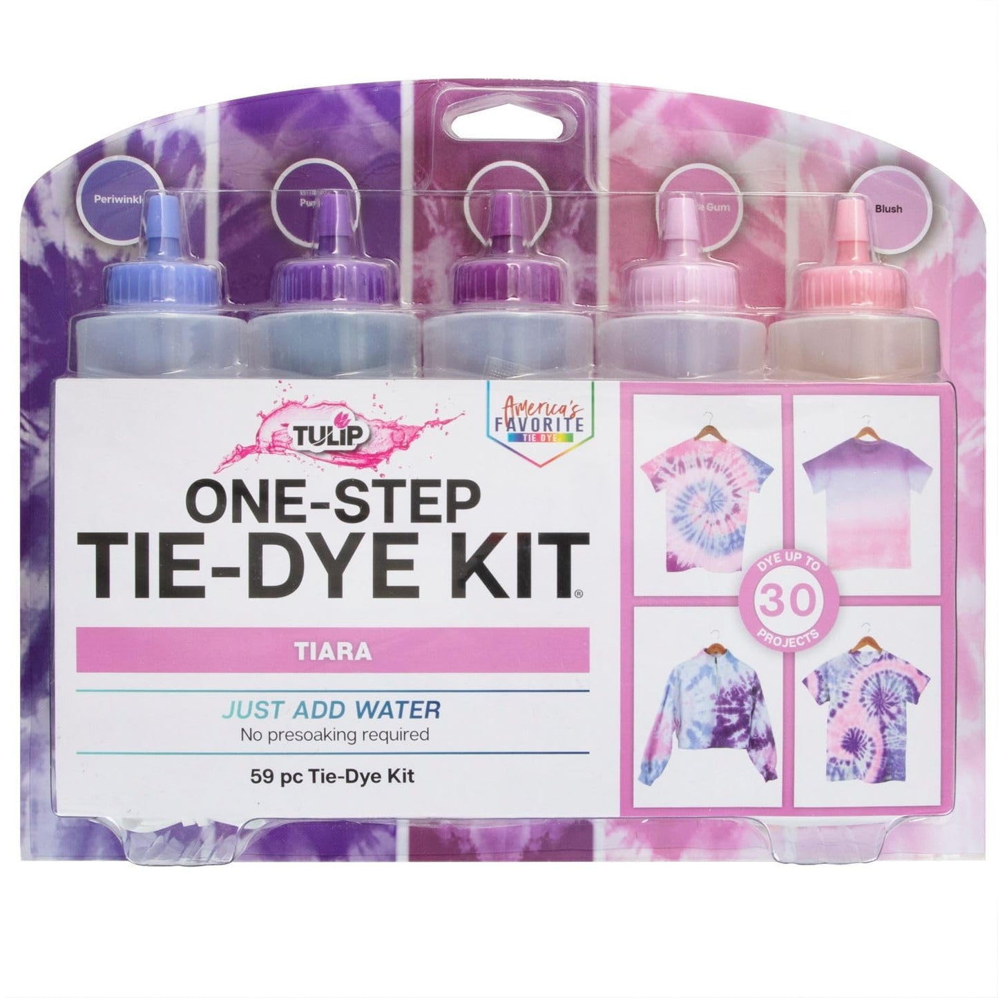 Tulip One-Step Tie-Dye Kit Tiara, Party Activity, Permanent & Vibrant Fabric Dye, Easy Clean-up, Makes 10 Bottles, Includes 5 Bonus Refill Packs, 8 Fun Techniques Included, Pink and Purple Colors