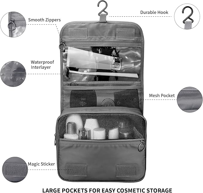 Large Capacity Travel Toiletry Bag with Hanging Hook for Men and Women Waterproof Travel Bathroom Storage Bag for Brushes Set,Mens Bathroom Bag Accessories-Black