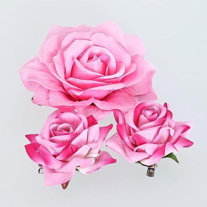 Rose Hair Clip Flower Hairpin Brooch Floral Clips, 4 Pcs Fabric Rose Flowers Hair Clips Mexican Hair Flowers Pin up Headpieces for Woman Girl Wedding Party Mother's Day (2 Sizes) (Pink)