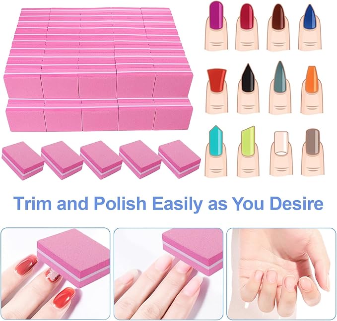 180/240 Grit Nail Buffers (100 Pack), mini Buffer Block Nail File for Acrylic Nails and Natural Nails, Professional Nail Buffer Block Bulk Buffing Blocks for Nail Buff Manicure File Blocks Set Pink