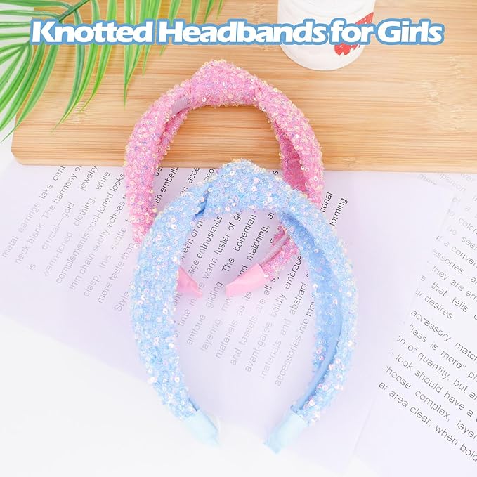 Knotted Headbands for Girls, Non Slip Girl Headband Wide Top Knot Head Bands Mommy and Me Fashion Hairband Womens Turban Hair Accessories(Glitter Blue & Glitter Pink,2Pcs)