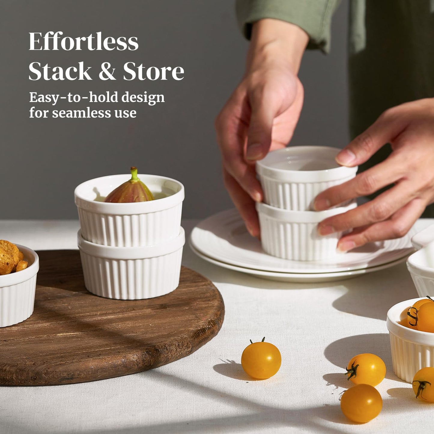 DOWAN 8 oz Ramekins Oven Safe for Creme Brulee, Souffle Dish Baking Bowls, Custard Cups for Pudding Dips Sauce Dessert Yogurt Ice Cream, Ceramic Ramiken Set of 6, Soft White