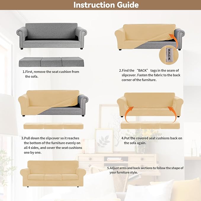 WEERRW 4 Pieces Velvet High Stretch Couch Covers for 3 Cushion Couch Sofa Slipcovers, Washable Furniture Protector with Non Slip Elastic Bottom, Feature Soft and Thick Plush Fabric, Champagne, Large