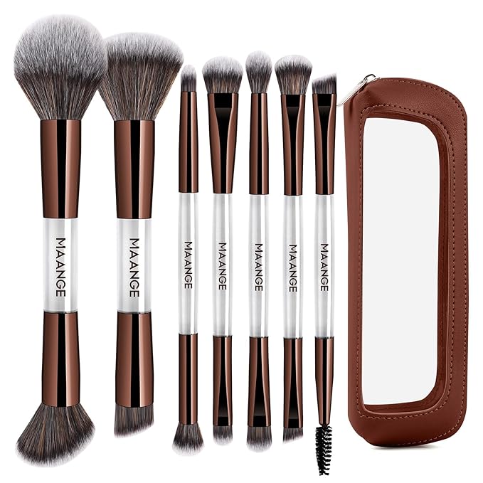 MAANGE 7 PCS Foundation Makeup Brush Set With Bag, Make up Brushes, Eyeshadow Concealer Brush, Double-ended Foundation Contour Powder Blush, Professional Face brush Set Tools For Liquid,Cream (Gray)