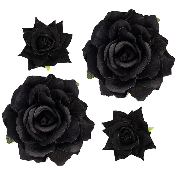 Rose Hair Clip Flower Hairpin Brooch Floral Clips, 4 Pcs Fabric Rose Flowers Hair Clips Mexican Hair Flowers Pin up Headpieces for Woman Girl Wedding Party Mother's Day (Black)