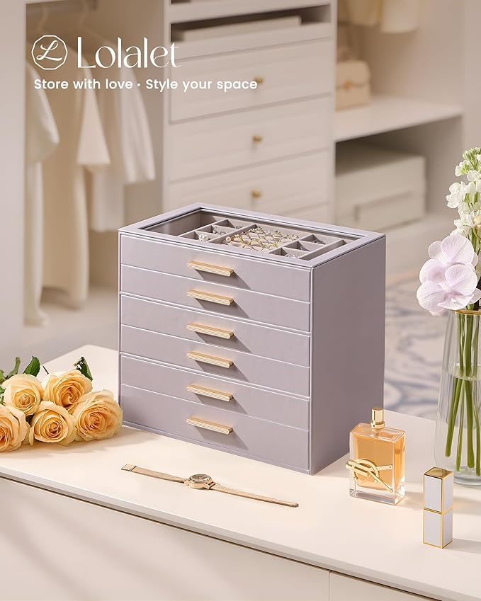 Lolalet Jewelry Box Organizer, 6-Layer Jewelry Organizers and Storage Case with Glass Lid, Ring Earring Bracelet Necklace Holder Organizer, Birthday Valentine Gifts for Women Girls -6Layer, HazePurple