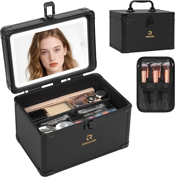 Relavel Travel Makeup Bag With LED Mirror, Makeup Bag With 3-Mode Light Up Mirror, Cosmetic Makeup Organizer Vanity Case for Women Beauty Accessories, Rechargeable Makeup Travel Storage - Black