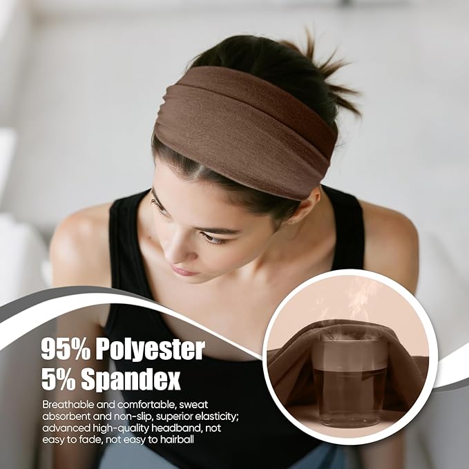 HSEM Headbands for Women, Non Silp Wide Hair Bands, Elastic Thick Head Bands, Stretchy Soft Sports Sweat Bands for Spa Workout Running Gym, Cotton Cloth Band 6Pcs