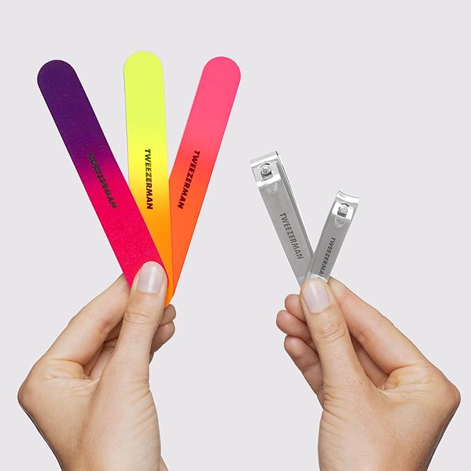 Tweezerman Stainless Steel Nail Clipper Combo Set with Three Neon Nail Files