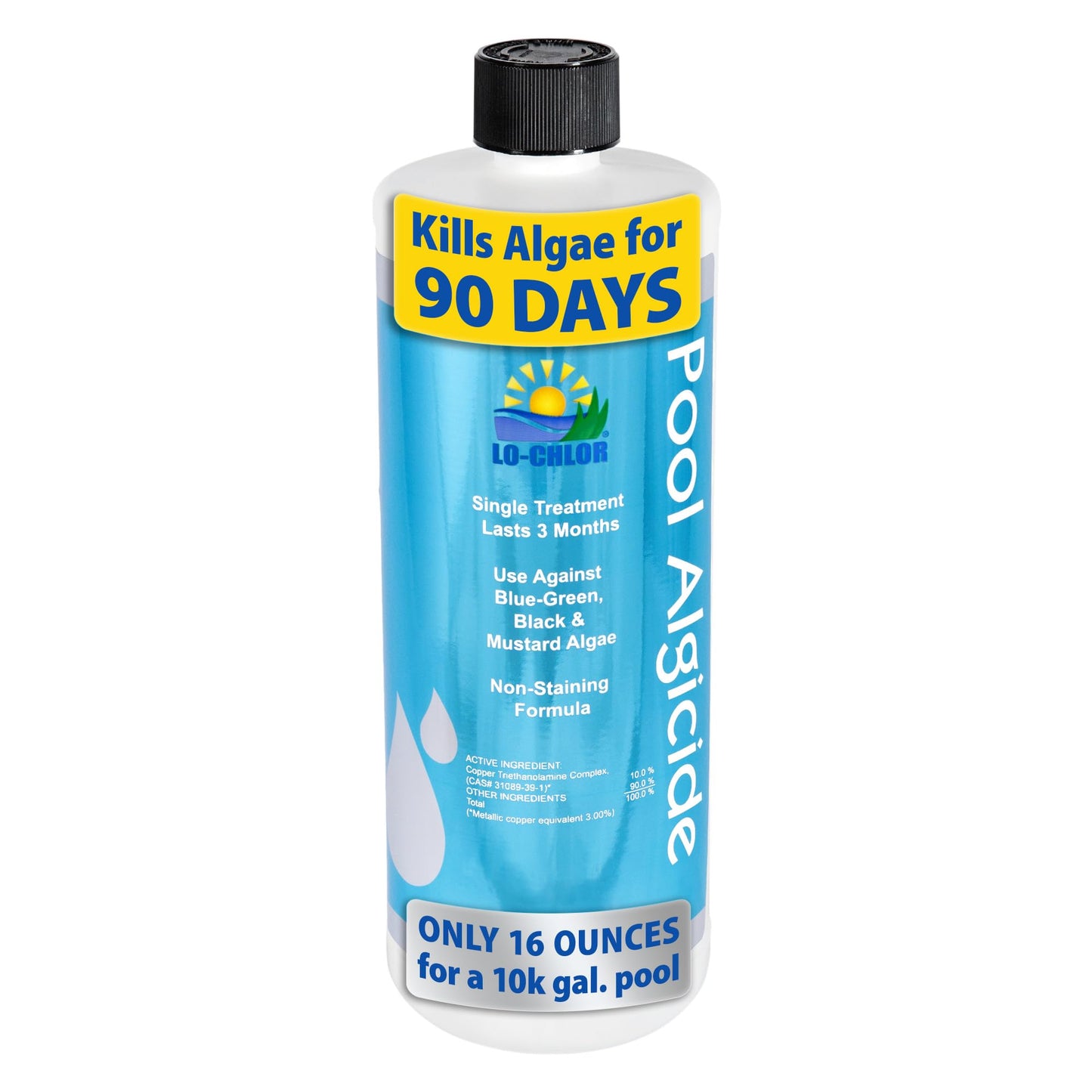 Lo-Chlor Pool Algaecide, 90-Day Single Treatment, Organo-Copper Complex, Black Mustard Green Algae Killer for Inground and Above Ground Swimming Pool, 32 oz, Treats 20,000 Gallons
