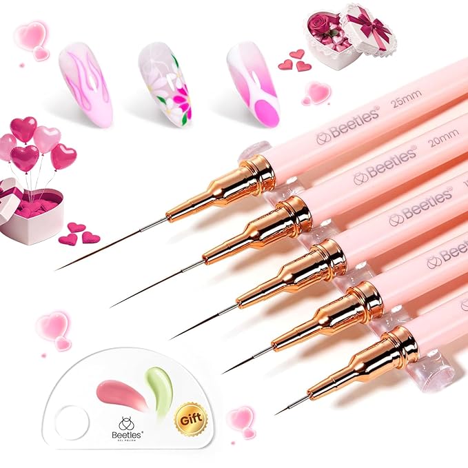 Beetles Gel Polish Nail Art Pens, 5pcs Nail Art Brushes Liner Brushes for Nails Pink Liner Sizes 5/9/15/20/25mm with Palette Holder Painting Manicure Design Tools for Long Lines, Details, Fine Drawing