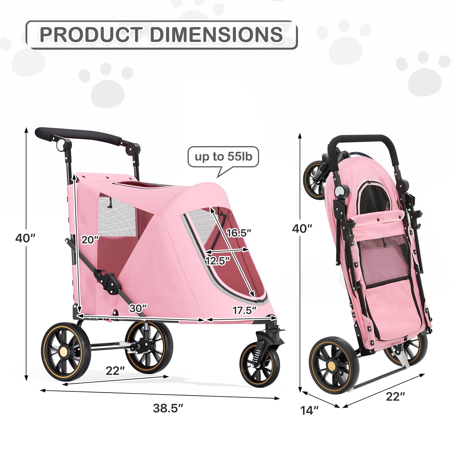 MoNiBloom Pet Stroller for Large Dogs or Multiple Dogs Cats with Adjustable Handle, 3-Wheels Dual Entry Portable Dog Carting Easy Folding Pet Wagon Double Dog Stroller up to 55 lbs, Pink