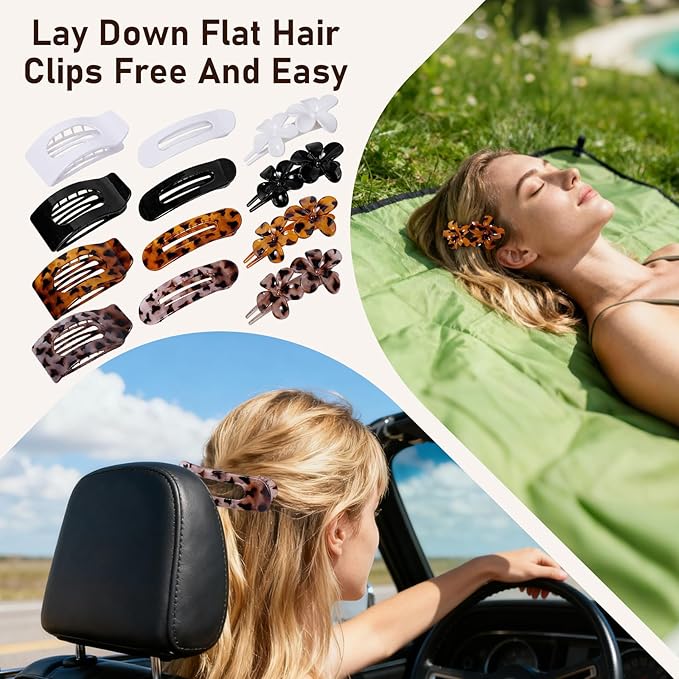 12 Pack Flat Hair Clips for Women – Matte Tortoiseshell Square Claw Clips, Flat Barrettes & Flower Pins in Black, White,Tortoiseshell & Leopard, Soft Touch Hair Accessories for Thick & Thin Hair