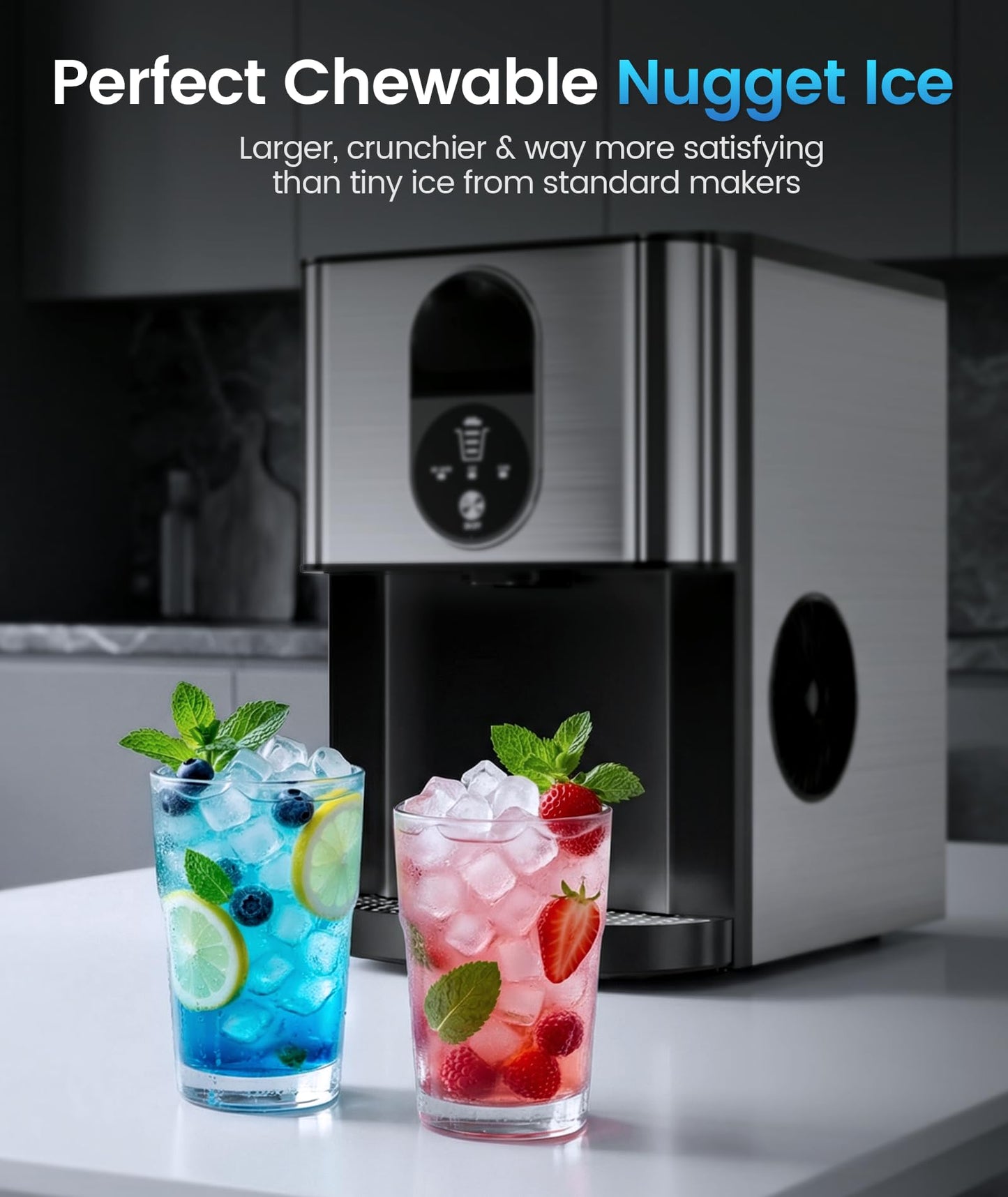 Antarctic Star Nugget Ice Maker Countertop with Soft Chewable Ice, 44Lbs/24H Portable Pellet Ice Machine with Self-Cleaning, One-Click Operation, for Home/Kitchen/Office, Stainless Steel, Silver