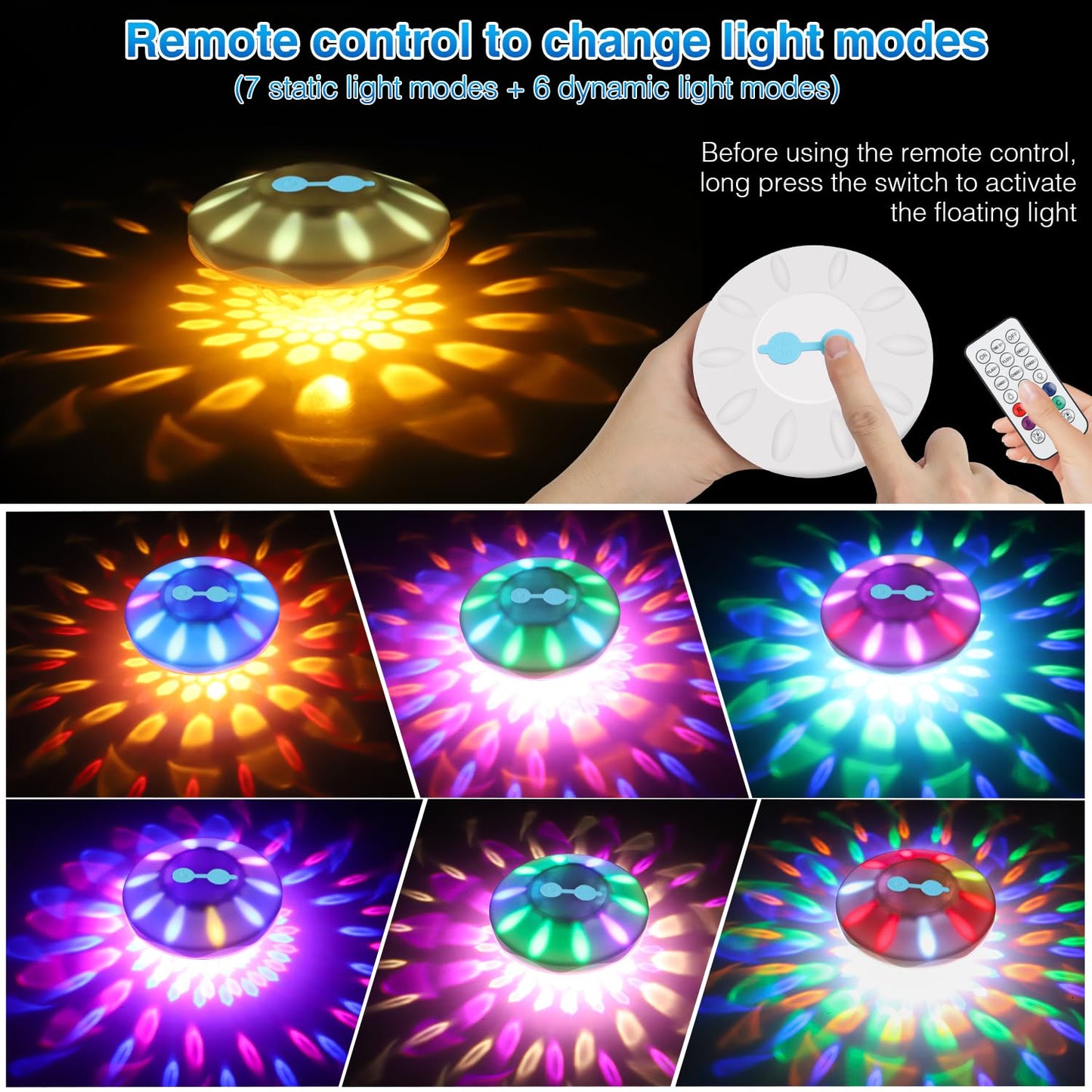 Floating Pool Lights(4 PACK), Pool Lights for Inground Pools with 6 Dynamic Lighting Effects, Rechargeable IP68 Waterproof RGB Upper and Lower Color Changing Pool Lights that Float for Hot Tubs