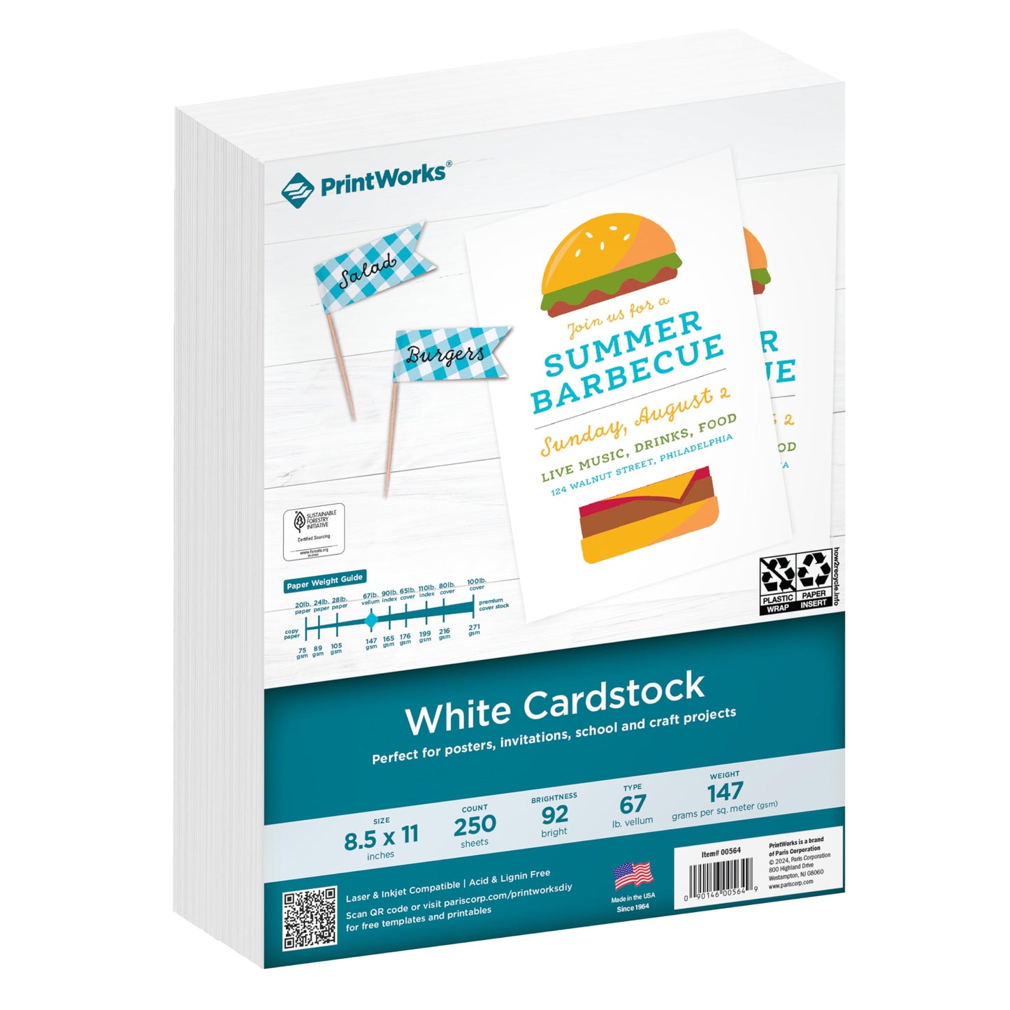 PrintWorks White Cardstock 8.5" x 11" - 67 lb/147 gsm Vellum Bristol - 250 Sheets - Made in the USA - SFI® Certified - 92 Bright - Card Stock Printer Paper for School, Craft, & Office Use (00564)