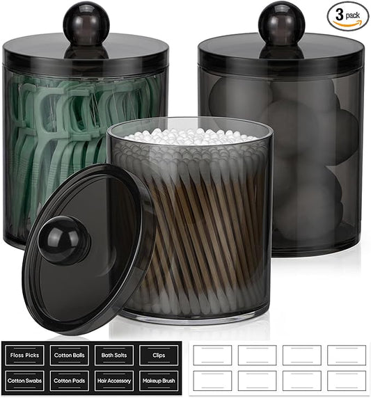 3 Pack Acrylic Qtip Holder Dispenser for Cotton Swabs, Balls, Pads, Floss Picks- Clear Plastic Canister Apothecary Jar Set, Bathroom Essentials Accessories Decor Vanity Makeup Storage Organizer -Black