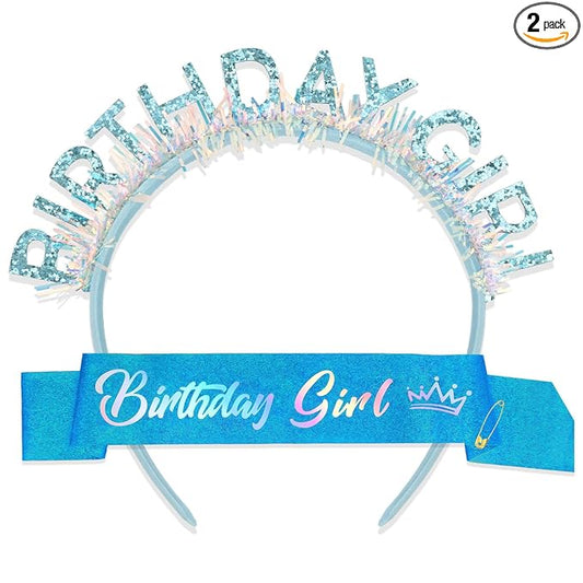 CIEHER Blue Birthday Girl Headband & Birthday Sash for Women Girls Decorations & Party Favors