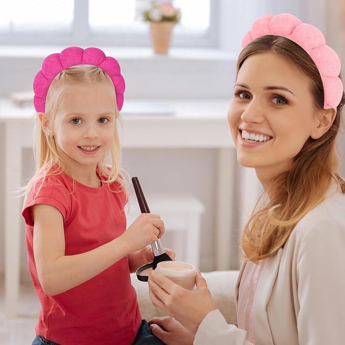 AMCAMI Puffy Spa Headband for Women Sponge Headbands for Girls 2 PCS Terry Towel Cloth Fabric Head Band for Skincare,Makeup Removal,Face Washing,Facial Mask,Shower,Hair Accessories（Red&Light Pink）