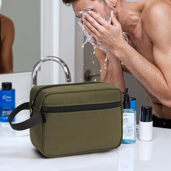 Travel Hanging Toiletry Bag with Carry Handle - Water-Resistant Small Cosmetic Organizer for Men & Women, Makeup, Shaving Kit, Gym & Travel Essentials (Olive Green)