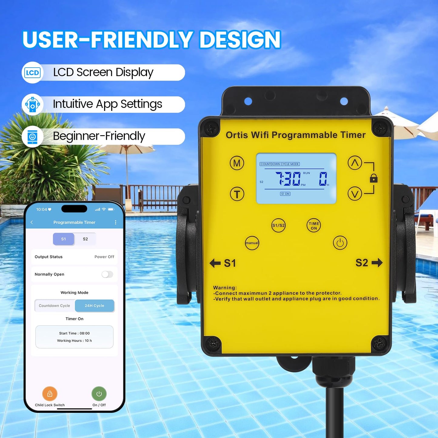 WiFi Above Ground Pool Timer Switch - Ortis Smart Pool Timer with Smart Life App Control, Dual Outlet, Realize Switch and Timing on Your Phone, for Swimming Pools Filters Pumps & Landscape Lights