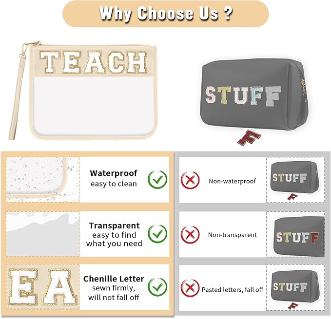 Teacher Appreciation Gifts TEACH Chenille Letter Clear Makeup Bag Pouch, Monogram PVC Clear Zipper Pouch with Wristlet Travel Cosmetic Bag Graduation Retirement Teacher Gifts for Women(TEACH-Beige)