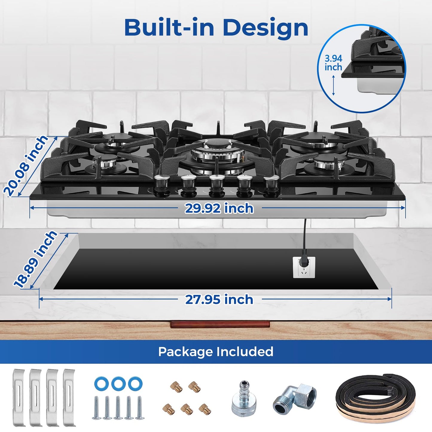 Gas Cooktop 30 Inch, Amzgachfktch 5 Burners Propane Stove, Built-in NG/LPG Convertible Gas Stove Top, Black Tempered Glass Propane Cooktop with Thermocouple Protection
