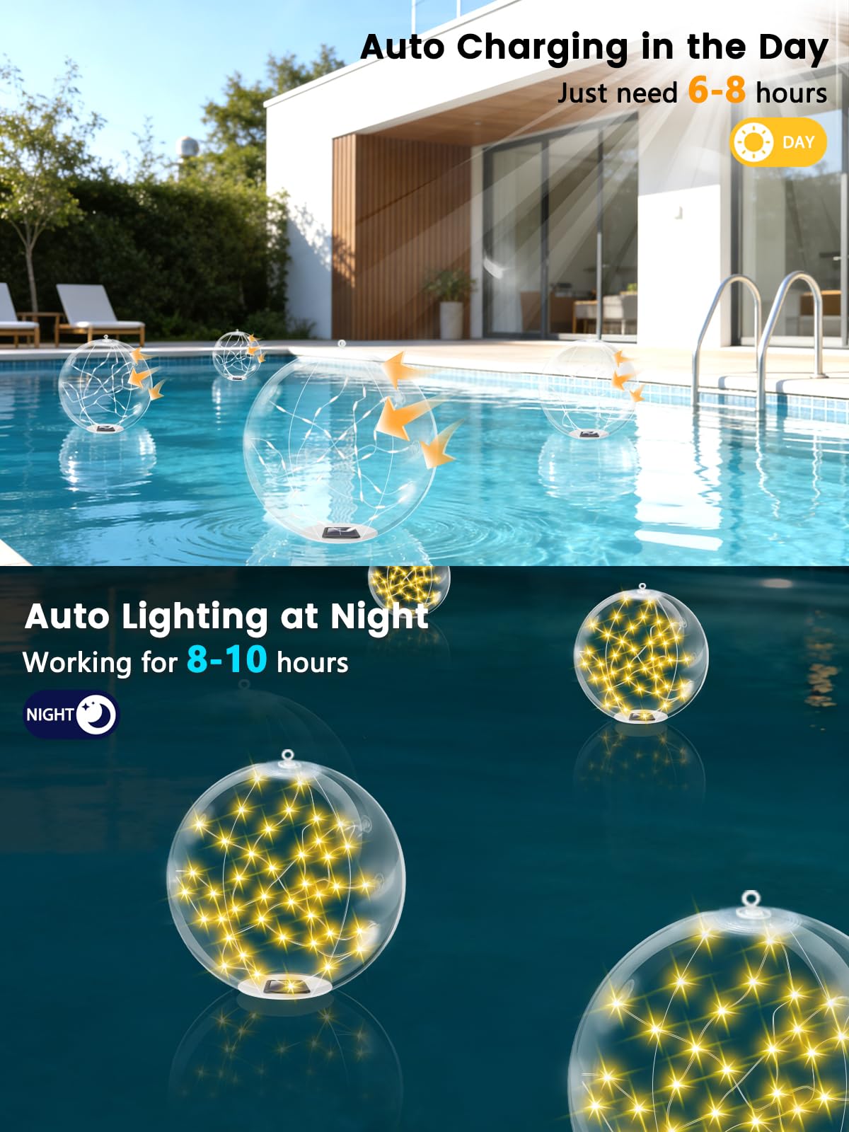2026 New 2 Pack Floating Pool Lights, Warm White Solar Powered Pool Ball Lights That Float with 8 Modes, IP68 Waterproof Light Up Inflatable LED Balls for Pools Outdoor Party Wedding Yard Decorations