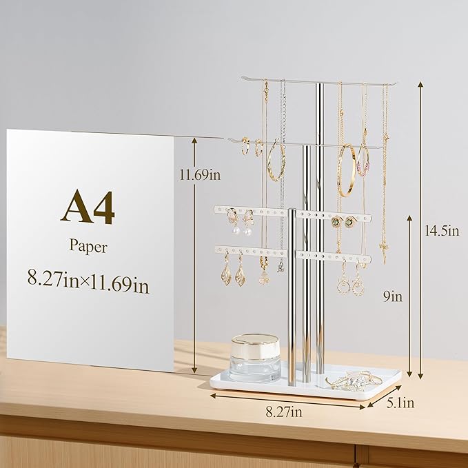 pickpiff Silver Jewelry Stand Holder Organizer: 14.5" Sturdy Hanger for 80 Pcs Jewelry, Jewlery Tower for Display Necklace, Earring, Bracelet, Watch