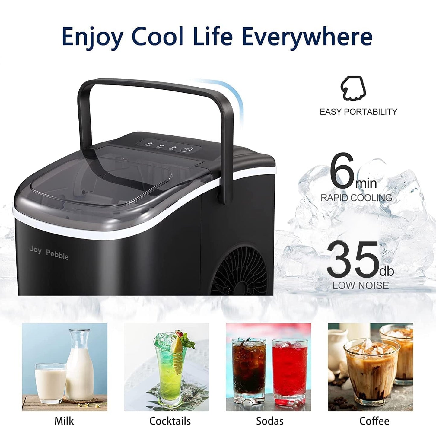 Antarctic Star Countertop Ice Maker Portable Ice Machine with Handle,Self-Cleaning Ice Makers, 26Lbs/24H, 9 Ice Cubes Ready in 6 Mins for Home Kitchen Bar Party (Black)