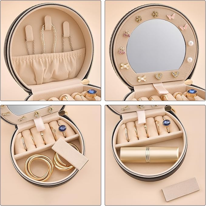 ProCase Travel Size Jewelry Box, Mini Portable Seashell-Shaped Jewelry Case with Mirror, 2 Layer Organizer in PU Leather for Women -Black