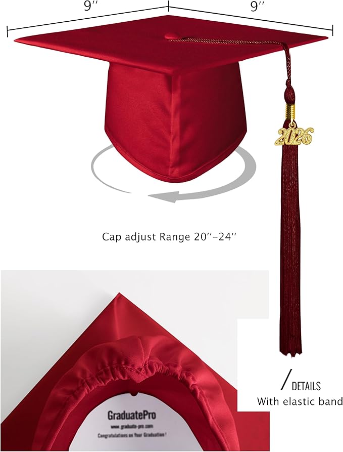 GraduatePro Matte Graduation Cap with 2026 Tassel for Adults High School and Bachelor Master 12 Colors