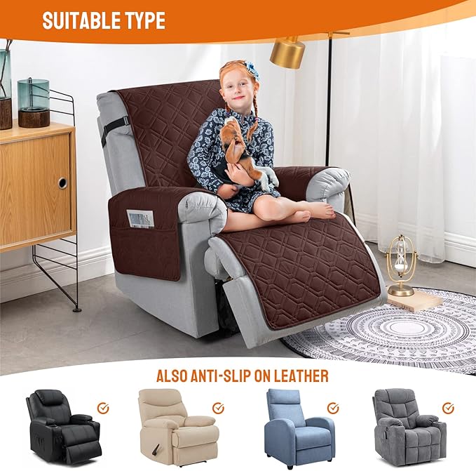 VANSOFY 100% Waterproof Recliner Chair Covers, Recliner Cover Non-Slip Dog Chair Cover Furniture Protector Washable Slipcover with Pocket, Elastic Straps for Pets, Dogs(Coffee, 25")