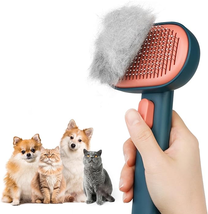 Aumuca Skin Friendly Self-Cleaning Slicker Brush for Dogs & Cats, Gentle Pet Grooming Tool for Shedding & Deshedding, Efficient Hair Remover for Long & Short Haired Pets
