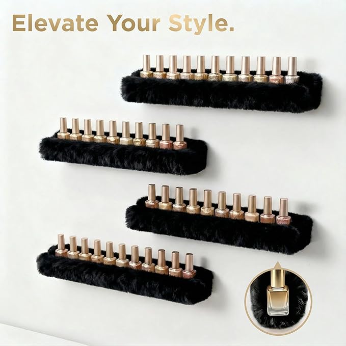 YMVV Wall-Mounted Nail Polish Organizer Rack - 15-Inch Plush Nail Polish Shelf, Makeup & Beauty Essentials Storage - Multi-Purpose Display Holder for Small Space, Vanity Bathroom, 6 Pack Black
