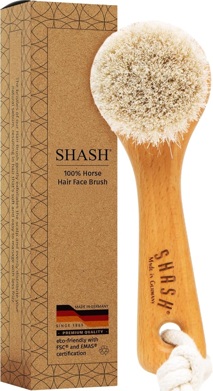 SHASH Since 1869 Hand Made in Germany - Sustainable Exfoliating Face Brush, Scrub Cleansing Brush, Exfoliates Skin to Help Reduce Flaking, Supports Glowing Complexion (Medium Horse Hair Bristle)