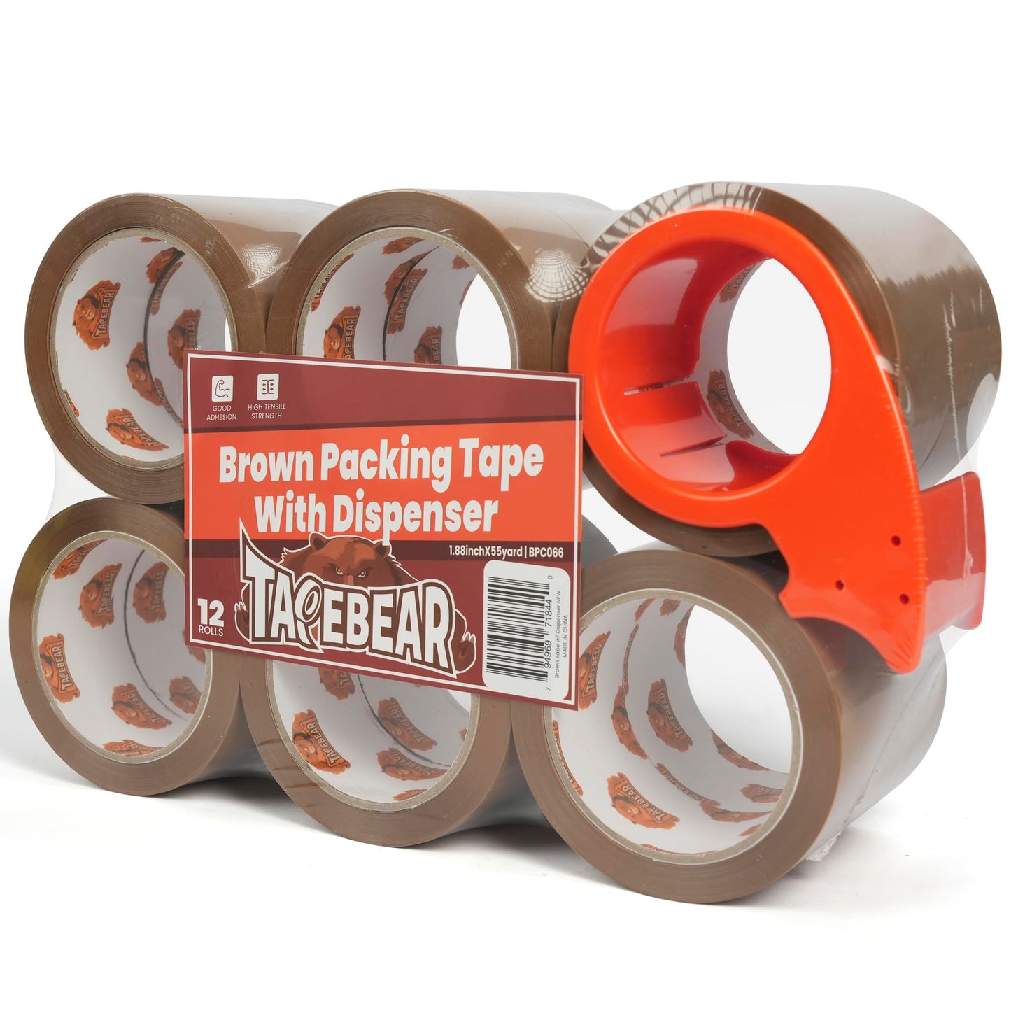 TAPEBEAR Brown Packing Tape with Dispenser, 2.6mil Thick, 1.88" x 55Yard Secure Sticky Brown Tape Heavy Duty Packaging Tape Refills for Carton Sealing, Shipping, Mailing & Storage