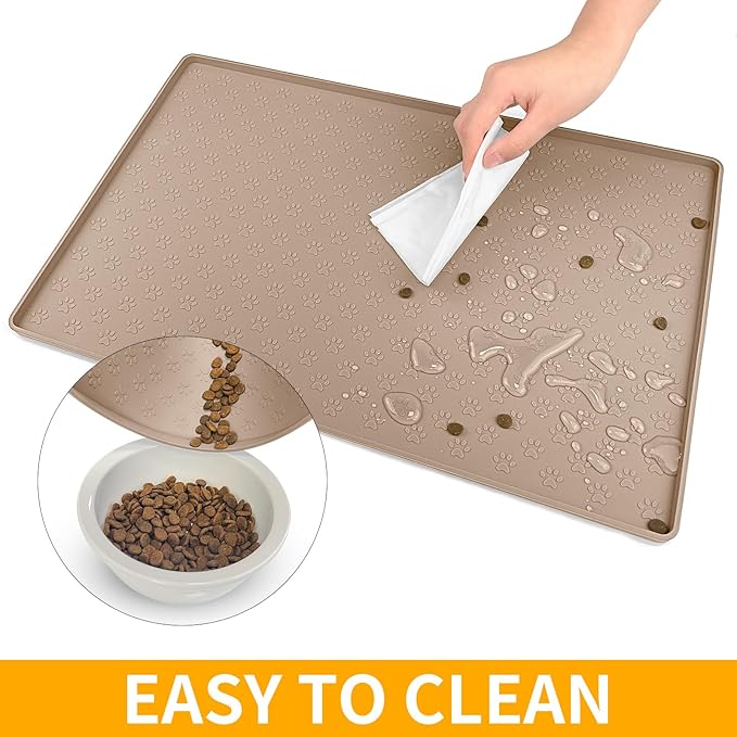 Ptlom Dog Food Mat Waterproof Pet Bowl Mats with High Lips, Non-Slip Dog Placemat Prevent Messy Spills to Floor, Silicone Puppy Feeding Tray for Small, Medium Large Dogs Cats, Taupe, 24.5" 16.5"