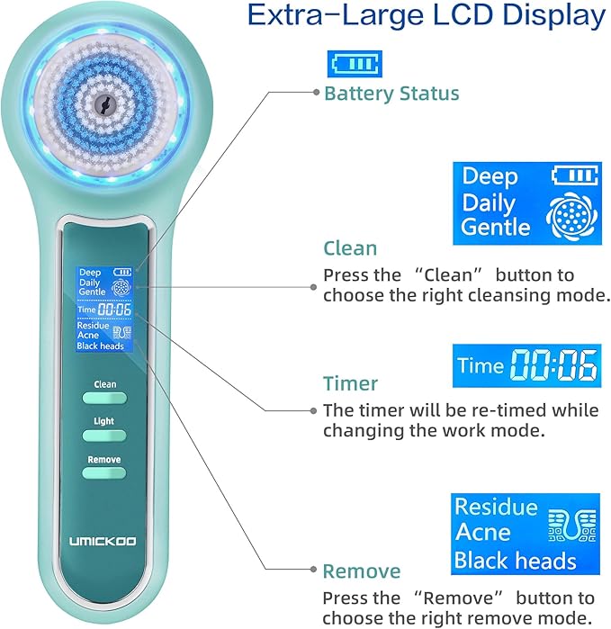 UMICKOO Face Scrubber Exfoliator,Facial Cleansing Brush Waterproof with LCD Screen,Blackhead Remover Vacuum with 5 Brush Heads,Face Spin Brush for Exfoliating, Massaging and Deep Pore Cleansing