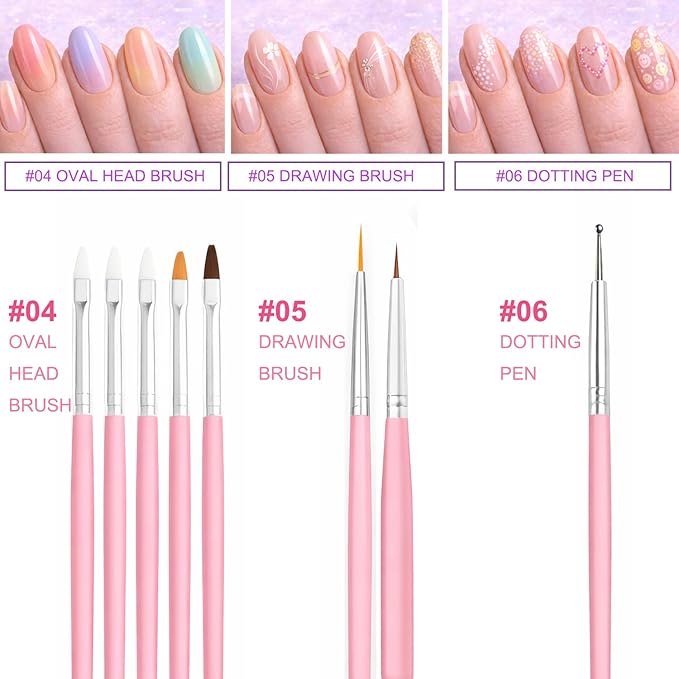 Nail Art Tools Set, 15 Pcs Nail Art Brushes, 5 Double Ended Dotting Pens, Mixing Palette, Nail Brush Holder, 10 Nail Stands & Tape for Press on Holder, Suit for Nail Tech & Beginners